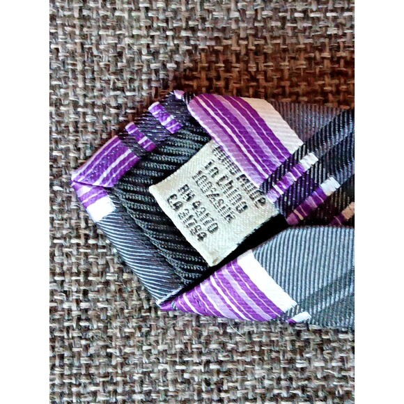 Tie 70s 80s 90s Y2K Mens Geoffrey Beane Silk Gray Purple Plaid 3.5 Wide 58 Long - Picture 5 of 6